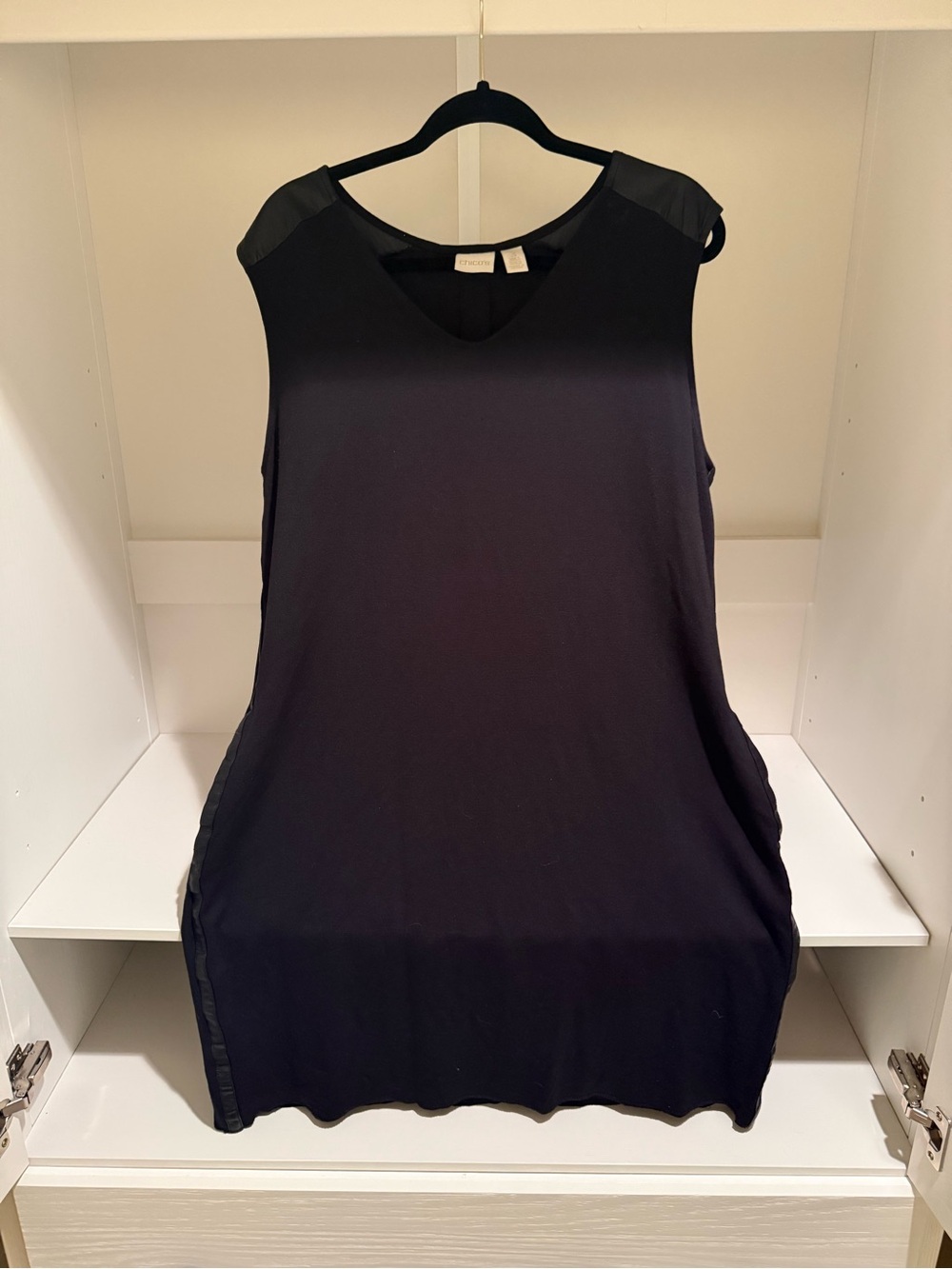 Chico's Black Sleeveless V-neck Dress with Faux Leather Shoulder & Side Trim